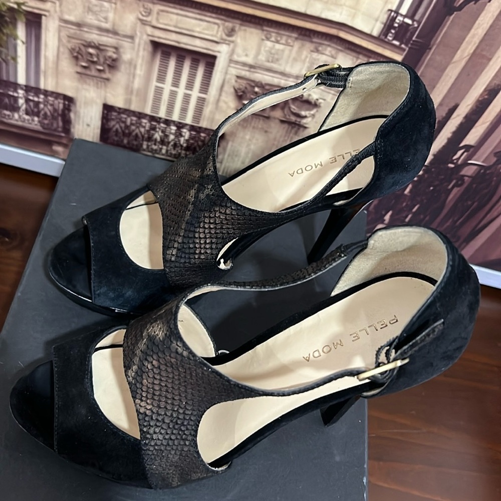 Pelle Moda “Jacey” black suede python shimmer pumps